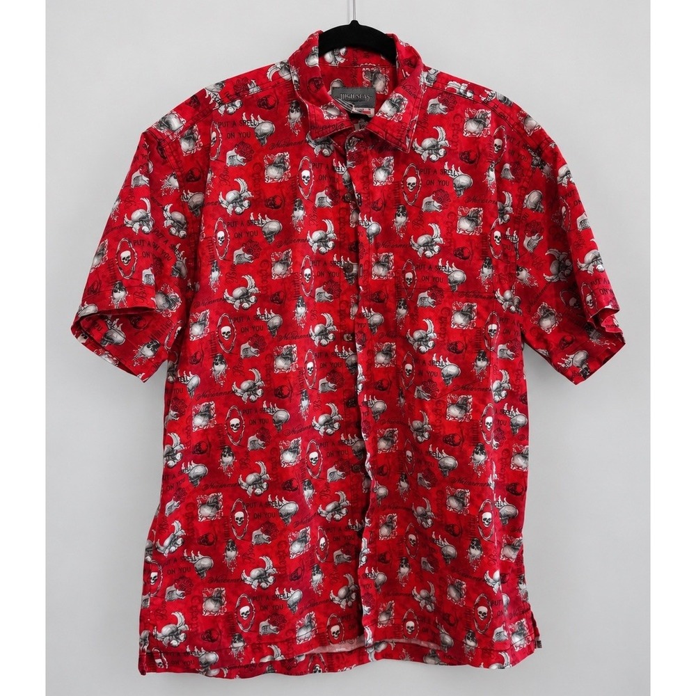 Vintage 90s High Seas Men's M Red Skull Anatomical Hawaiian Shirt USA